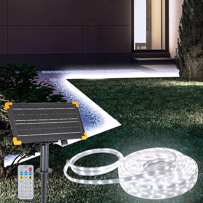 DBFAIRY 50Ft Solar LED Strip Lights Outdoor, Large Capacity Solar Powered Flexible Tape Lights with Remote Dimmable 8 Lighting Modes for Patio Pool Camping Decor, 6000K Cool White DBFAIRY