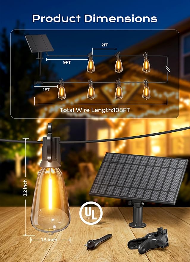 Brightown 108FT 50 LED Solar String Lights Outdoor Waterproof, Patio Lights with Remote, Dimmable & Timable, 3 Light Modes, Solar Lights Outdoor for Yard Camping Party Outside Brightown