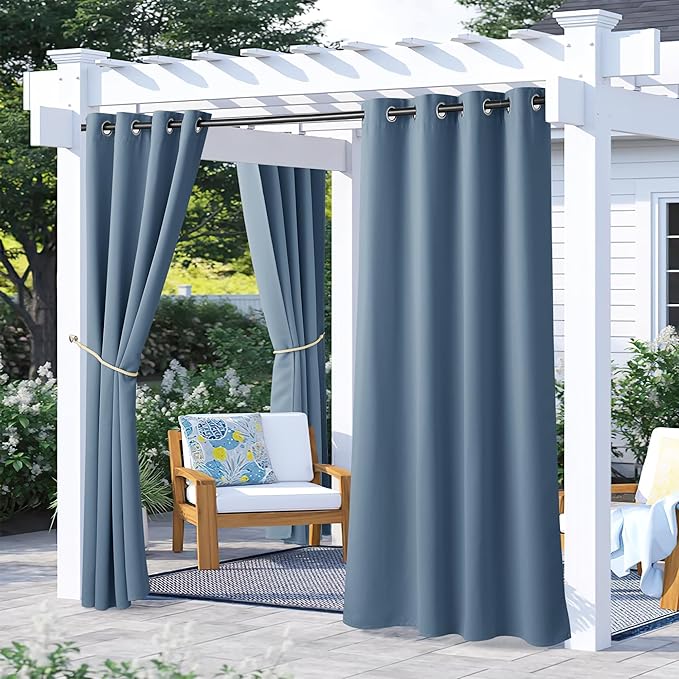 NICETOWN 2 Panels Stone Blue Blackout Outdoor Curtains for Patio Waterproof, Rustproof Grommet Cold & Light Blocking Thermal Insulated Indoor Outdoor Drapes for Front Porch & Canvas, W52 x L72 NICETOWN