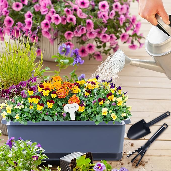 Window Box Planter 6 Pcs, 18 Inches Rectangle Flower Pots with Drainage Holes and Trays, Vegetable Planters for Windowsill Patio Garden Balcony Home Porch Yard Indoor Outdoor (Grey, 18*10*6 inch) Oliz