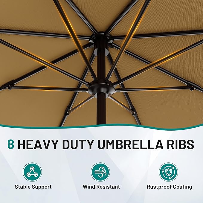 AreShark 9 FT Patio Umbrella for Outdoor, Outdoor Table Umbrella with Push Button Tilt and Crank, Outdoor Patio Umbrellas with 8 Sturdy Ribs for Market, Garden, Pool (Khaki) Rootora