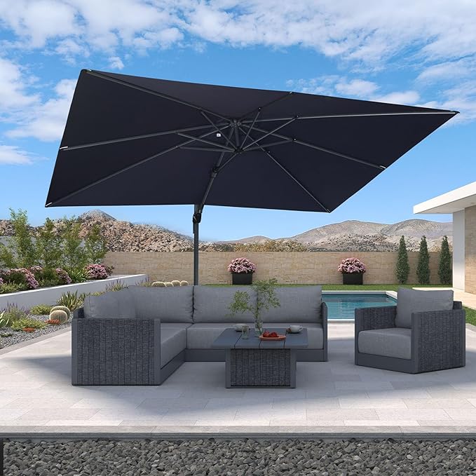 PURPLE LEAF 9' X 12' Left-right Tilt Patio Umbrella Outdoor Cantilever Swivel Rectangle Umbrella with Tilt Aluminum Offset Umbrella with 360-degree Rotation for Garden Deck Pool Patio Navy Blue PURPLELEAF