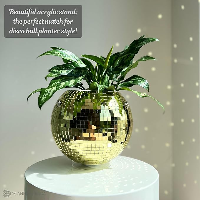 SCANDINORDICA Disco Ball Planter – Value Package: Mirror Disco Planter with Chain, Macrame Hanger and Acrylic Stand for Desk, Includes Self Watering Pot, Plant Accessories | 10 inch Gold SCANDINORDICA