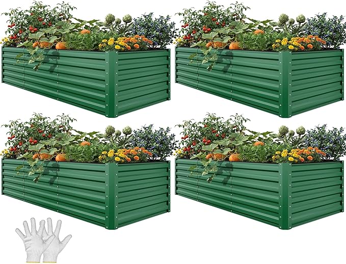 YITAHOME 4pcs 8x4x2 ft Galvanized Raised Garden Bed Kit, Large Metal Planter Box with Gloves, Safety Rubber & Support Rod, Outdoor Flower Bed for Plants Vegetables, Green YITAHOME