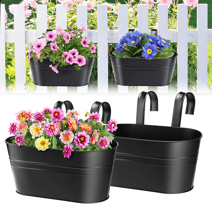 MADHOLLY Railing Planter with Drainage Holes - Sturdy Bucket Pots for Railing Fence, Countryside Style Metal Flower Pots for Herbs Balcony Garden Yard Decor, 2Pcs, Black MADHOLLY