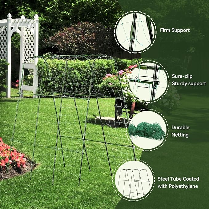 Lalahoni Cucumber Trellis, 65" X 65" Metal Garden Arch Trellis Climbing Plant Outdoor Support for Vine Fruits Flowers Vegetables Peas Beans Squash Cucumber Tomato Raised Bed, with Netting, Lightweight Thereasonyoulovegardening