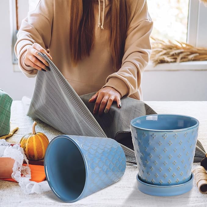 EFISPSS Plant Pots,5 Inch Pots for Indoor Plants,Planters with Drainage Hole and Saucer, Ceramic Flower Pots Desktop Office Windowsill Decoration Gift Set of 4 - Sky Blue EFISPSS