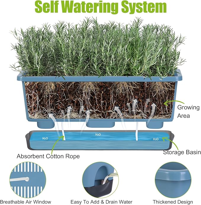 Window Box Planter 4 Packs, 17 Inches Rectangle Flower Pots with Drainage Holes & Trays, Pots for Vegetables, Herbs, Flowers, Garden Windowsill Balcony (Blue, 17 * 5.1 * 6 inch) Oliz