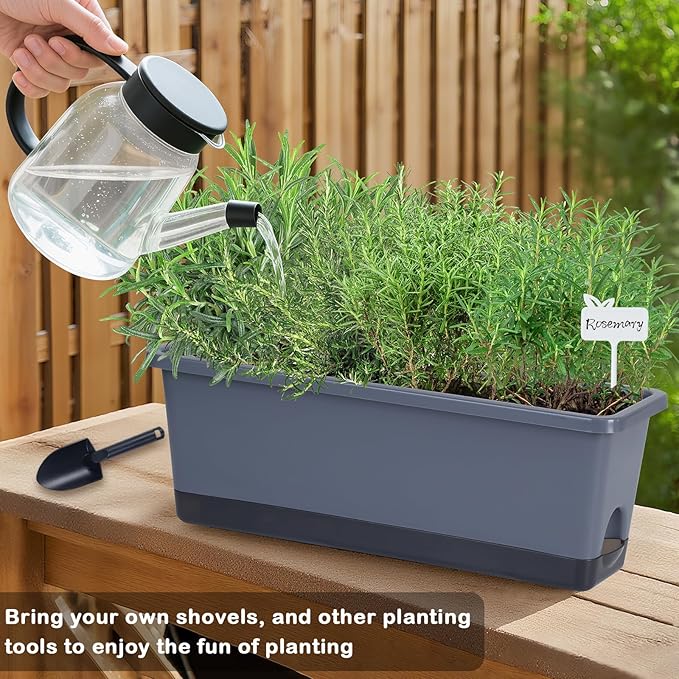 Window Box Planter 4 Packs, 17 Inches Rectangle Flower Pots with Drainage Holes & Trays, Pots for Vegetables, Herbs, Flowers, Garden Windowsill Balcony (Grey, 17 * 5.1 * 6 inch) Oliz