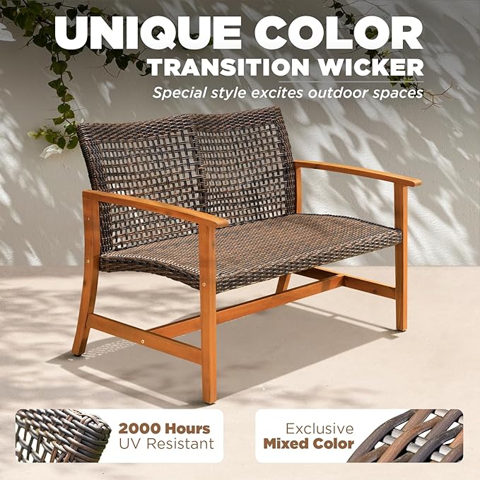 IDZO Harmonie 800lbs Capacity Outdoor Loveseat Furniture, FSC Certified Acacia Patio Sofa with Upgraded 2000 Hours UV Resistant Wicker, Teak Finish Porch Couch Idzo