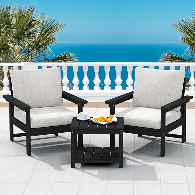 SERWALL HDPE Patio Sofa Set, 3-piece Sectional Outdoor Furniture Set, All Weather Outdoor Couch Set Patio Furniture Set for Deck, Lawn, Black Frame with Khaki Cushion SERWALL