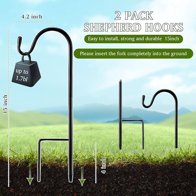2 Pcs 15 Inch Shepherds Hook for Outdoor Adjustable Bird Feeder Pole Metal Steel Shepard Hooks for Hummingbird Stand Feeder Pole for Garden Plant, Lantern, Hanging Wedding Decor Yetene