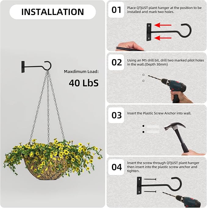 Plant Hooks 2Pack Hanging Plant Bracket 6inch Metal Plant Hanger Decorative Plant Hook for Bird Feeders, Planters, Lanterns, Wind Chimes, Home Decor Indoor Outdoor (Black) QTJUST