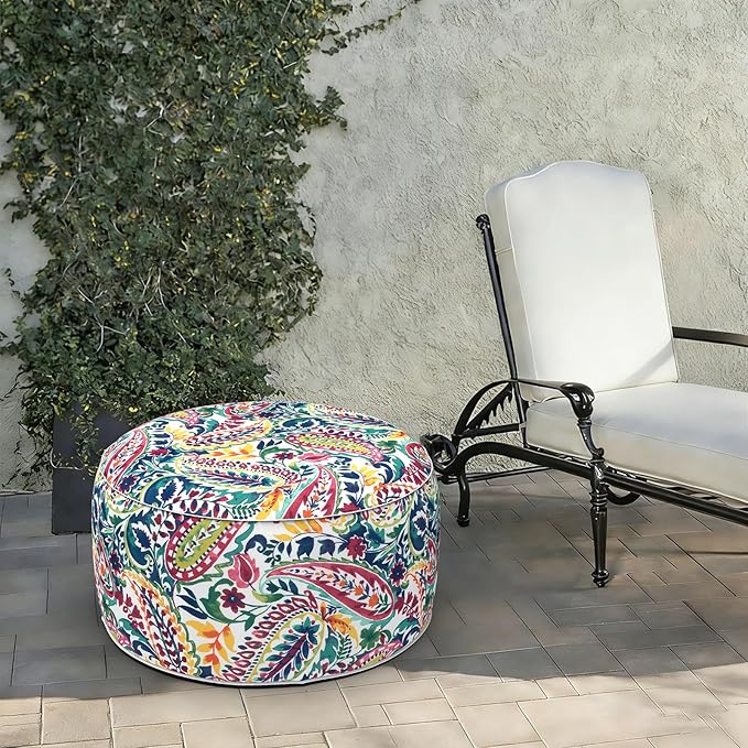 LVTXIII Indoor/Outdoor Extra Large Inflatable Ottoman Pouf D31 x H14 Inch, Round Footstool with Handle, Weather-Resistant Portable Furniture for Patio, Camping, Beach, Vigour Paisley LVTXIII