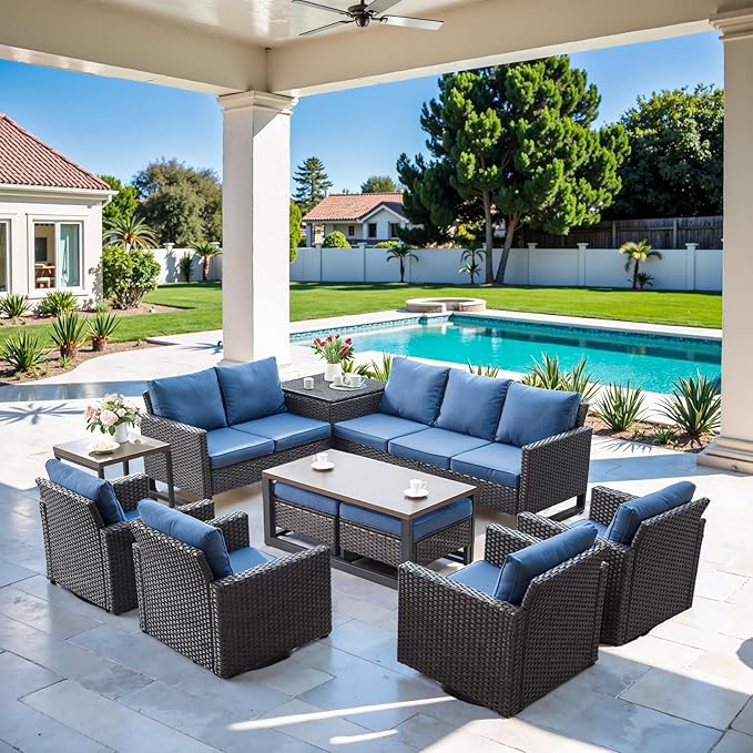 Belord Spacious 11 Pieces Patio Conversation Set - 5-Seater Outdoor Furniture Sectional Sets with Swivel Glider Chairs Set of 4 and Storage Box, Metal Top Coffee Table with Embedded Ottoman Brown Belord