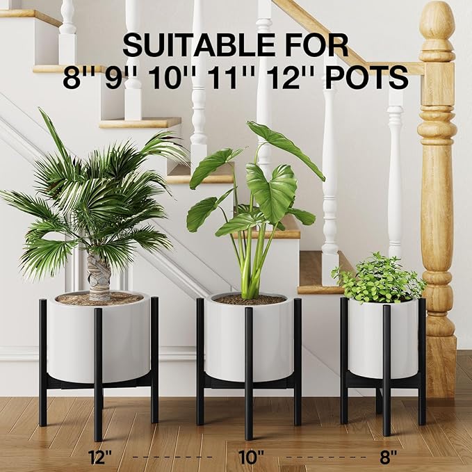 MUDEELA Plant Stand for Indoor Plants: Adjustable Width Fits 8-12 Inch Pots - Mid-century Modern Bamboo Plant Stand - 14.5 Inch Single Tier Small Floor Plant Holder, Black, 2 Pack (Without Pot) MUDEELA