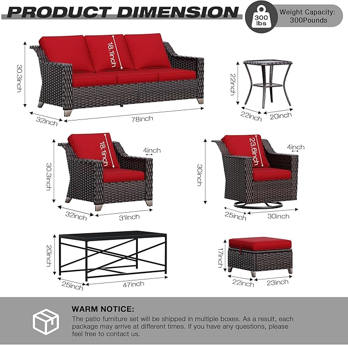 Joyside Wicker Patio Furniture Sets, 8 Pieces Upgraded Large Size Outdoor Furniture with 4 Swivel Rocking Patio Chairs, 3-Seat Sofa, Fire Table, Coffee Table, Thick Cushions, Wide Armrest, Red Joyside