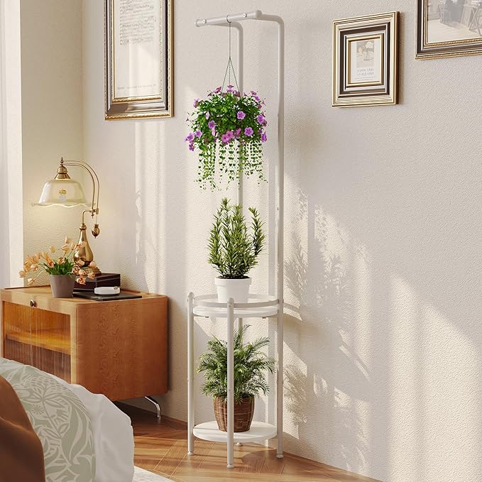 Plant Stand Indoor Outdoor - Heavy Duty Metal 2-tier Hanging Plant Holder Space-Saving Iron Plant Stands Tall Plant Shelf for Living Room Garden Balcony (White) Homsorout