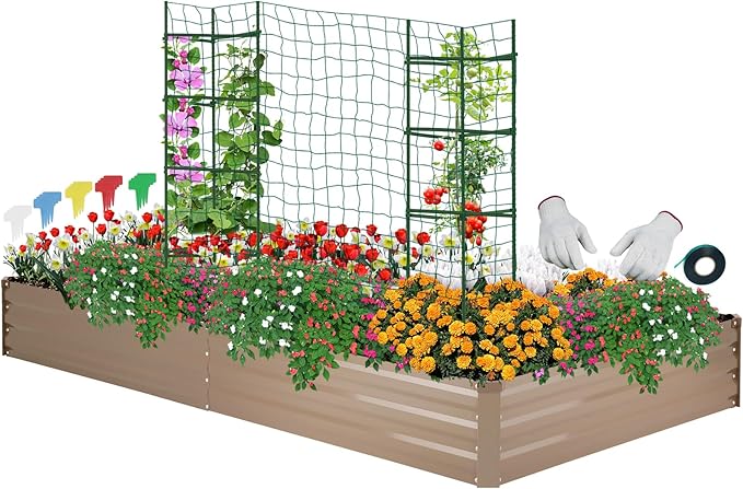ONCEMORE Galvanized Raised Garden Bed for Vegetables Flowers Herbs, Metal Raised Garden Bed Kit with 2 PCS Tomato Cage, Gloves, Trellis Netting, Plant Labels, Plant Ties, Brown 8×4×1FT ONCEMORE