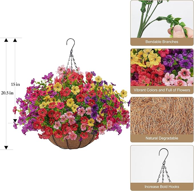 2 Set Artificial Faux Hanging Plants Flowers Basket for Outdoors Spring Summer Decoration, 2 Hanging Planters with 24pcs Fake Silk Flowers UV Resistant for Outside Porch Patio Garden Home 6 Multicolor Tiabean