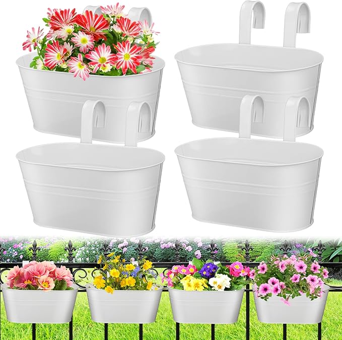 MADHOLLY Railing Planter with Drainage Holes - Sturdy Bucket Pots for Railing Fence, Countryside Style Metal Flower Pots for Herbs Balcony Garden Yard Decor, 4Pcs, White MADHOLLY