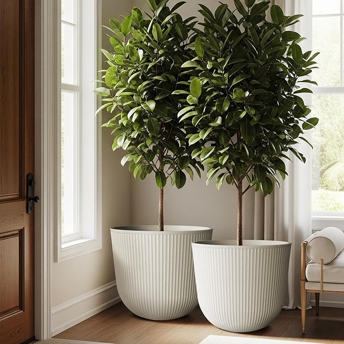 WORTH Garden Round Large Planter Pot Set of 2-17.5" Dia x 15.5" H - Durable Plastic Beige Plant Tree Pots with Vertical Stripe Textured Finish, Drainage Hole for Indoor, Outdoor, Front Porch, Patio WORTH