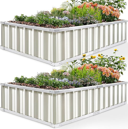 KING BIRD Raised Garden Bed 68" x 36" x 12" (2 Packs) Galvanized Steel Metal Outdoor Planter Kit Box for Vegetables, Flowers, Fruits, and Herbs, Ivory KINGBIRD