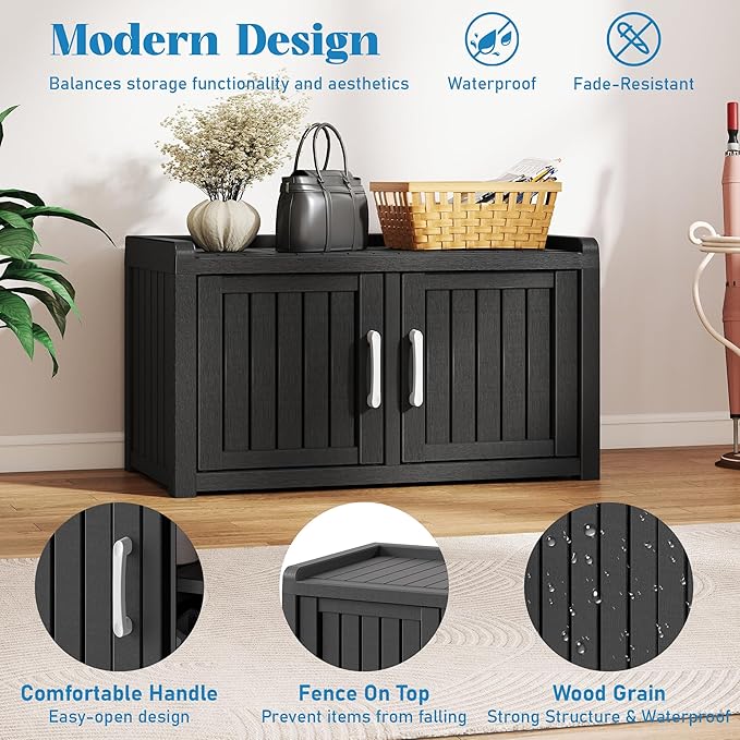 2-Tier Storage Bench, Waterproof UV-Resistant Outdoor Shoe Storage Cabinet with 2 Doors & Adjustable Shelves for Indoor Outdoor Entryway, Hallway, Living Room (Midnight Black) NBYSGO