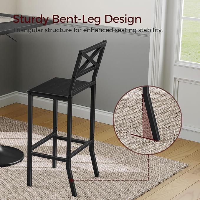 Bar Stools, Set of 2 Bar Chairs with Backrest and Footrest, 26" Tall Counter Bar Stools, Kitchen Breakfast Bar Chairs, Easy Assembly, for Dining Room, Black BAHB0901N1 MAHANCRIS