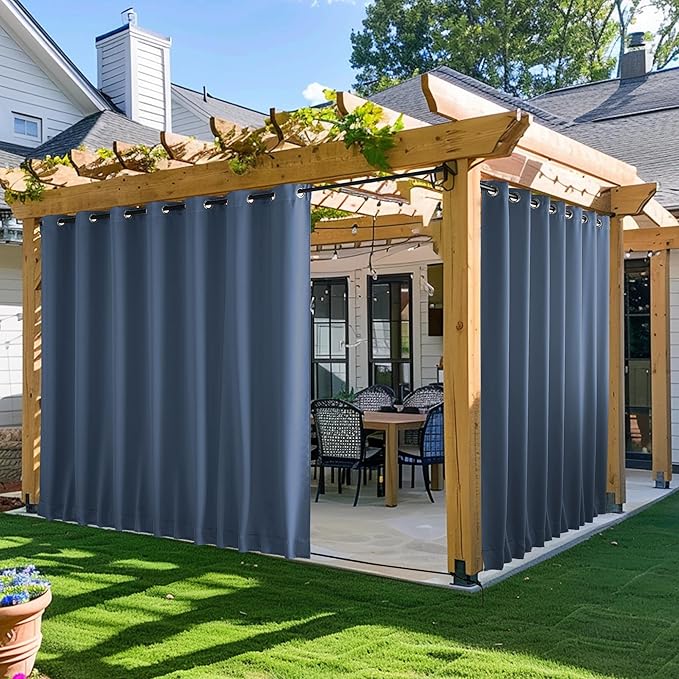 NICETOWN 2 Panels Outdoor Curtains for Patio Waterproof & Windproof, Extra Wide Grommet & Back Tab on Top & Bottom Thermal Insulated Sun Blocking Drapes with Rope for Deck, Stone Blue, W100 x L95 NICETOWN