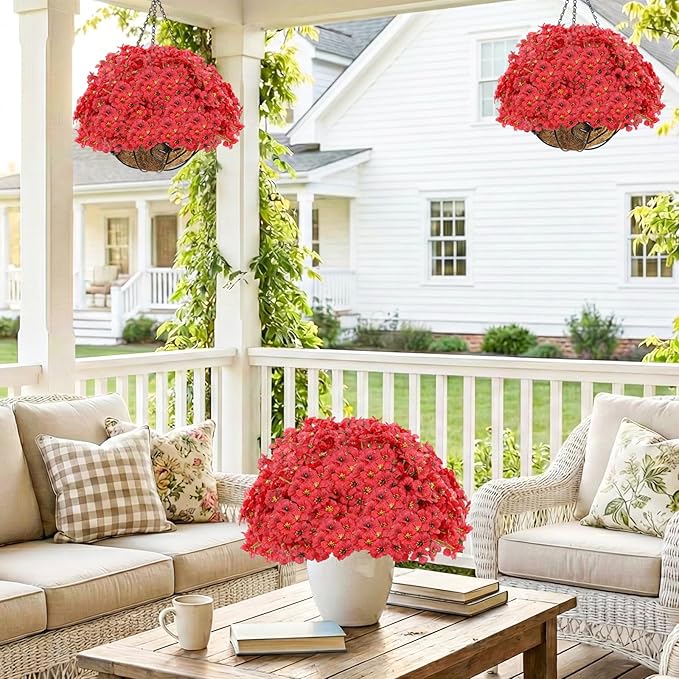 22 Pack Artificial Flowers Outdoor Fake Plants, Faux Flowers UV Resistant with Plastic Plants, Faux Silk Flowers for Outdoors Outside Front Porch Hanging Planter Window Box Garden Decoration(Red) Powbrace
