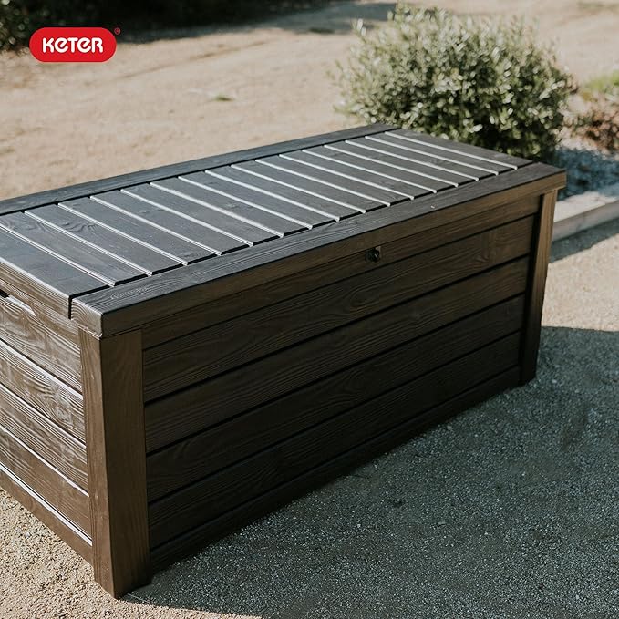 Keter Westwood 150 Gallon Deck Box Organizer, Doubles as 2-Person Bench Seat, Brown – Large Resin Outdoor Storage and Seating with Lockable Lid for Garden, Pool, and Patio Keter