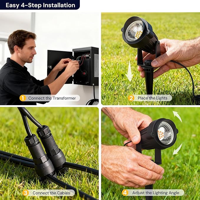 L LOHAS LED 5W Low Voltage Landscape Lighting, Christmas Outdoor Spot Lights with Connectors, 12V 24V IP66 Waterproof 3000K Warm White Plug in Spotlights for Yard, Garden, Pathway, House (8 Pack) LLOHASLED