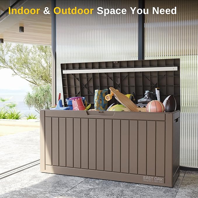 EAST OAK Outdoor Storage Box, 60 Gallon Deck Box Indoor and Outdoor Use, Waterproof Resin Storage Bin for Patio Cushions, Gardening Tools, Lockable, UV Resistant, Brown EASTOAK
