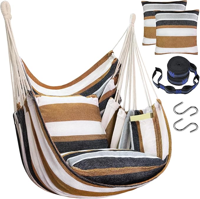 Halalona Hammock Chair Hanging Hammock Chair Rope Swing 2 Cushions Included-Sturdy & Durable Soft Cotton Hand Woven Hammock Swing for Bedroom, Porch, Patio-Indoor/Outdoor Halalona