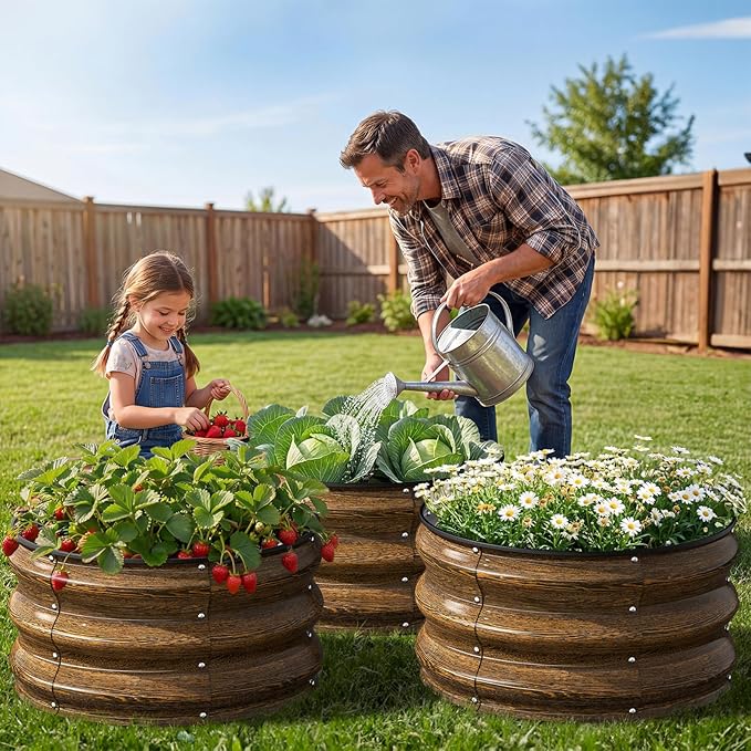 Kesfitt Round Metal Raised Garden Bed, 2x2x1 FT, 12-Inch Deep Galvanized Steel Garden Bed with Open Bottom for Vegetables & Herbs, Walnut Finish, 3 Pack Kesfitt