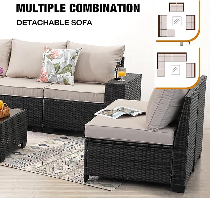 9 Pieces Patio Furniture Set All-Weather Outdoor Wicker Sectional Conversation Sofa Rattan Patio Seating Sofa with Cushion and Glass Table and Ottoman for Porch Poolside,Beige JOYURE