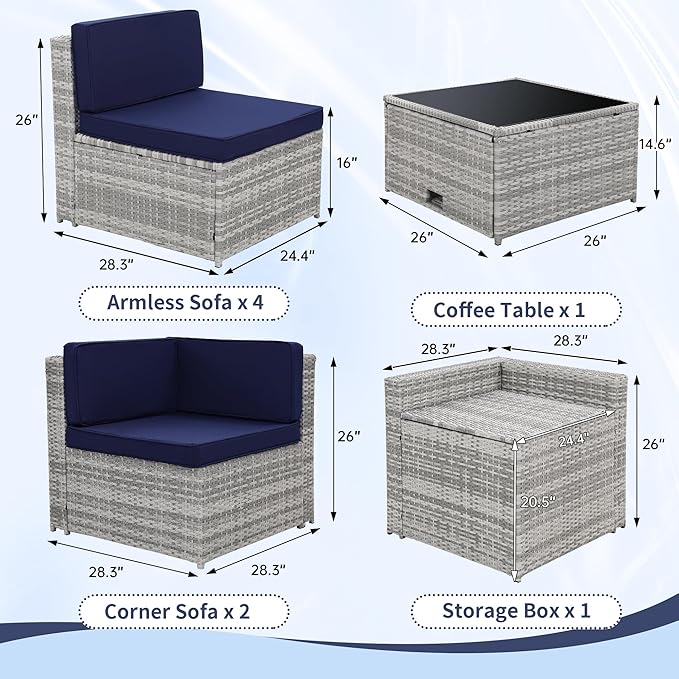 8-Piece Patio Furniture Set, Outdoor Wicker Rattan Sectional with Thick Cushions, Glass Top Table with Hidden Storage, Outdoor Conversation Set for Backyard, Porch, Patio, Blue KROFEM