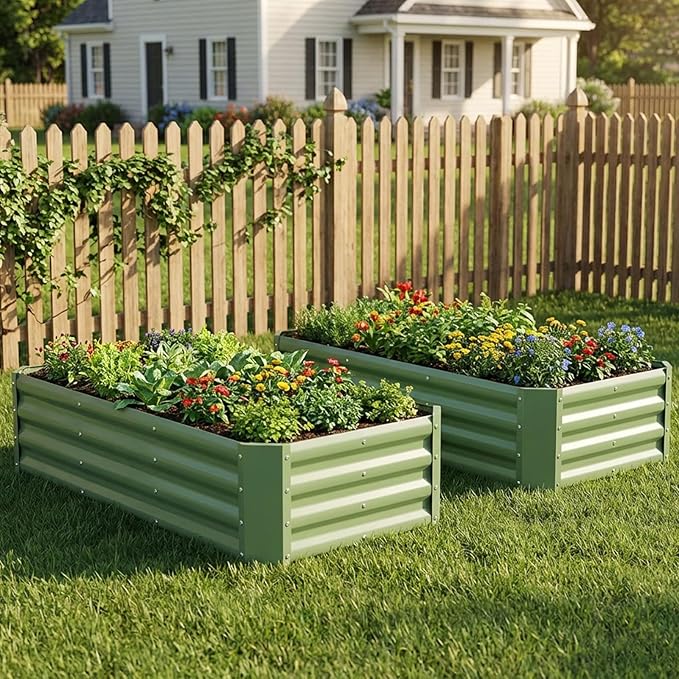 INNO STAGE 2 Pcs 4×2×1ft Galvanized Raised Garden Bed Kit, Galvanized Planter Raised Garden Boxes Outdoor, Large Metal Raised Garden Beds for Vegetables, Flowers, Herbs, and Succulents, OliverGreen INNOSTAGE