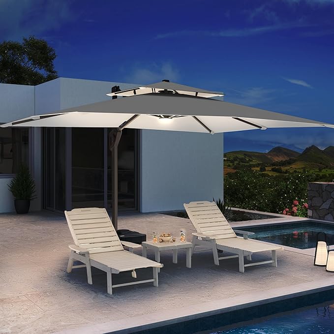 10 X 13 FT Cantilever Patio Umbrella with Led Lights and Base Included Outdoor Heavy Duty Double Top Rectangle Offset Umbrellas with 360-degree Rotation for Pool Deck Backyard, Foggy Grey Ombrellon