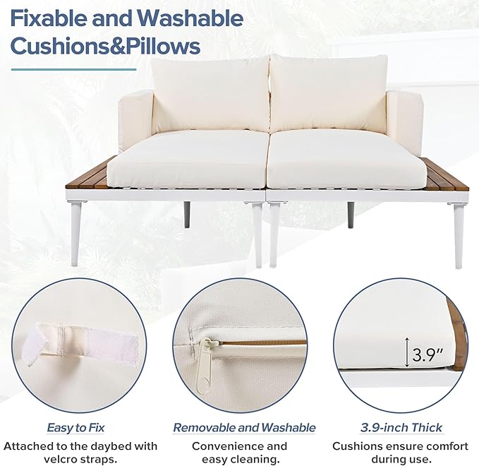 Outdoor Patio Metal Daybed with Wood Topped Side for Drinks, 2 in 1 Padded Chaise Lounge Chair with Cushions & Pillows, Outdoor Double Sun Lounger for Lawn Garden Poolside, Beige RuiSiSi