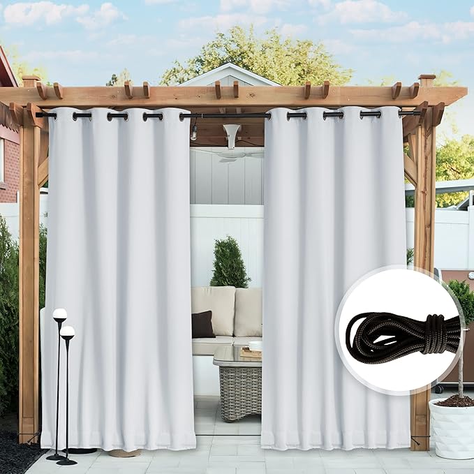 NICETOWN 2 Panels Outdoor Curtains for Patio Waterproof Extra Long 120", Windproof Thermal Insulated Top & Bottom Grommet & Back Tab Blackout Porch Drapes with Rope for Fixed, Greyish White, 52" Wide NICETOWN