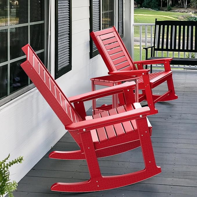GREENVINES Outdoor Rocking Chairs | Set of 2 | Porch Rocker | HDPE Plastic | Red | Oversized Rockers | High Back | Big & Tall | Ladder Back | for Patio Outside Backyard Balcony GreenVines