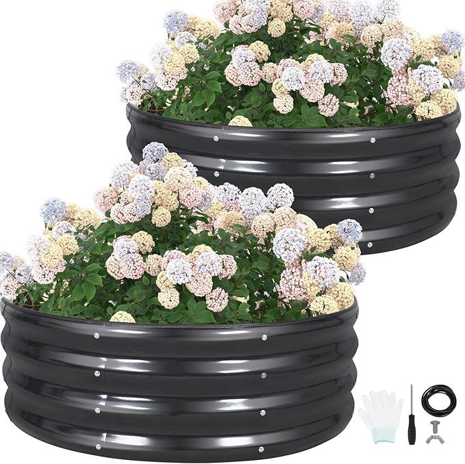 G GOOD GAIN Round Raised Garden Bed - 2Pcs 3x3x1ft Galvanized Steel Planter Boxes Outdoor with Rubber Edge Trim | Metal Raised Beds for Gardening Vegetables Flowers Fruits Herbs (Dark Grey) GGOODGAIN