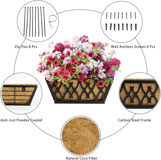 2 Pack 16 Inch Window Boxes Planters Railing Planter Box with Coco Liners Deck Railing Planter Boxes Balcony Hanging Flower Box for Outdoor Plants Garden Decor KarlliuHOMEGARDEN