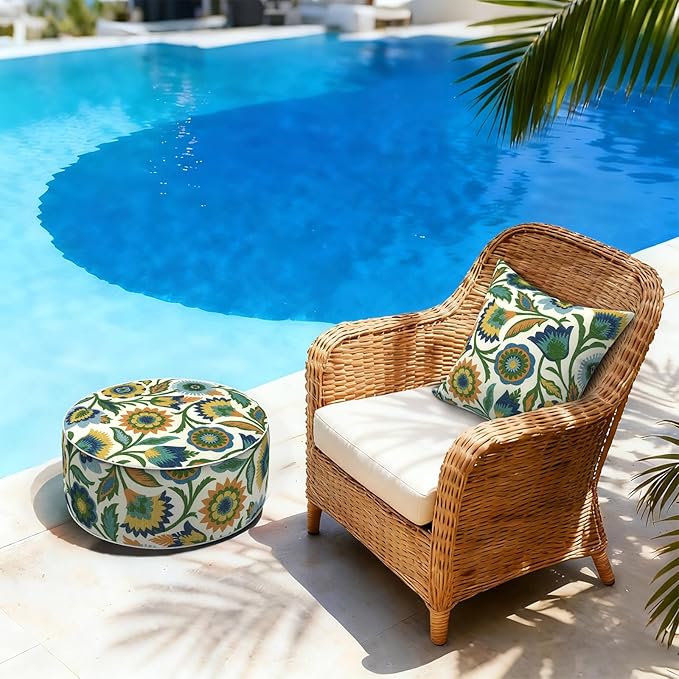 LVTXIII Inflatable Stool Ottoman Footrest with Handle, Decorative Fade-Resistant Foot Stool, Indoor or Outdoor Pouf for Home Garden and Camping Use, D21 x W 21 x H9, Fiesta Floral LVTXIII