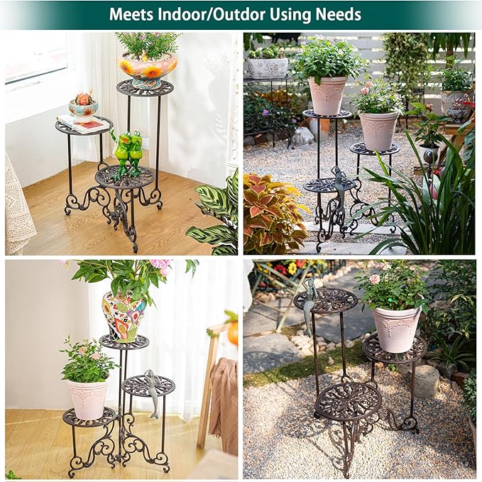 Sungmor Heavy Duty Cast Iron Plant stand, 3 Tier Foldable Metal Plant Shelf, 24in Tall Vintage Flower Pot Holder Indoor Outdoor Tiered Plant Stand, Rustic Plant Display Rack for Corner Balcony Patio Sungmor