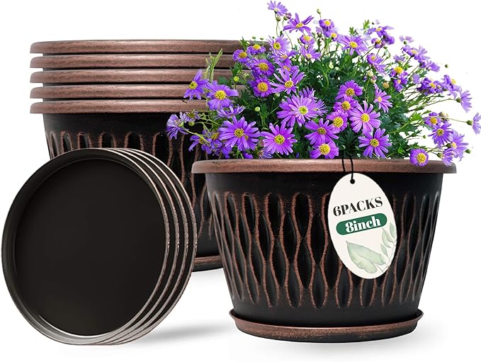 6 Pack 8 Inch Retro Plant Pots, Vintage Striped Flower Pots with Drainage Hole & Saucer, Large Plastic Planters for Indoor and Outdoor Plants, Decorative Garden Pots(Copper) Usocik