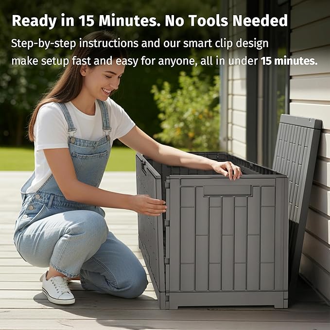 EAST OAK 120 Gallon Outdoor Storage Box | Large Resin Deck Box with Reinforced Stainless Steel Support | Waterproof & UV-Resistant Patio Storage Box for Cushions, Garden Tools & Pool Accessories, Grey EASTOAK