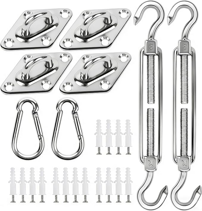 YOFIT 40 Pcs Shade Sail Hardware Kit, 6 Inch Outdoor Sun Sail Accessories, 304 Stainless Steel Turnbuckles & Brackets for Triangle/Rectangle Sails, Patio Canopy Installation Hardware Set Waterproof yofit